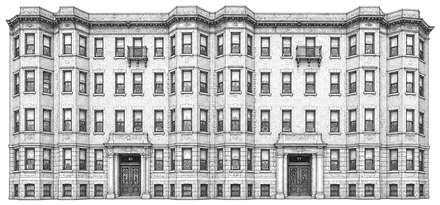 Pen-and-ink elevation of 77&ndash;81 Park Drive